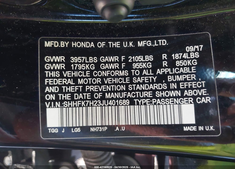 2018 HONDA CIVIC VIN: SHHFK7H23JU401689