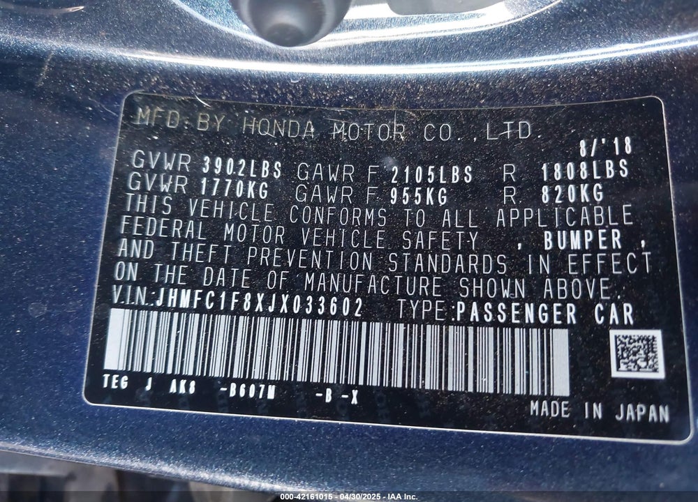 2018 HONDA CIVIC EX-L VIN: JHMFC1F8XJX033602