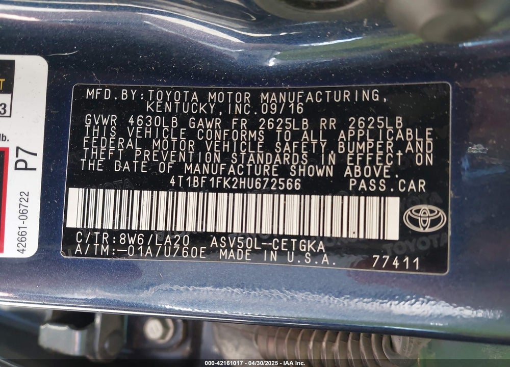 2017 TOYOTA CAMRY VIN: 4T1BF1FK2HU672566