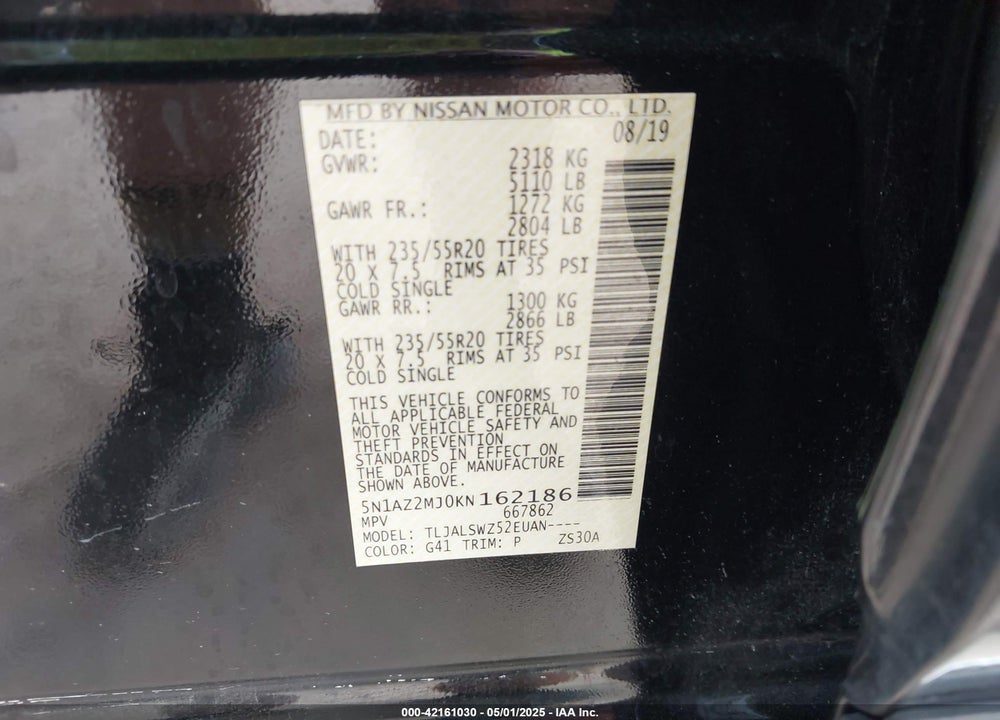 2019 NISSAN MURANO VIN: 5N1AZ2MJ0KN162186