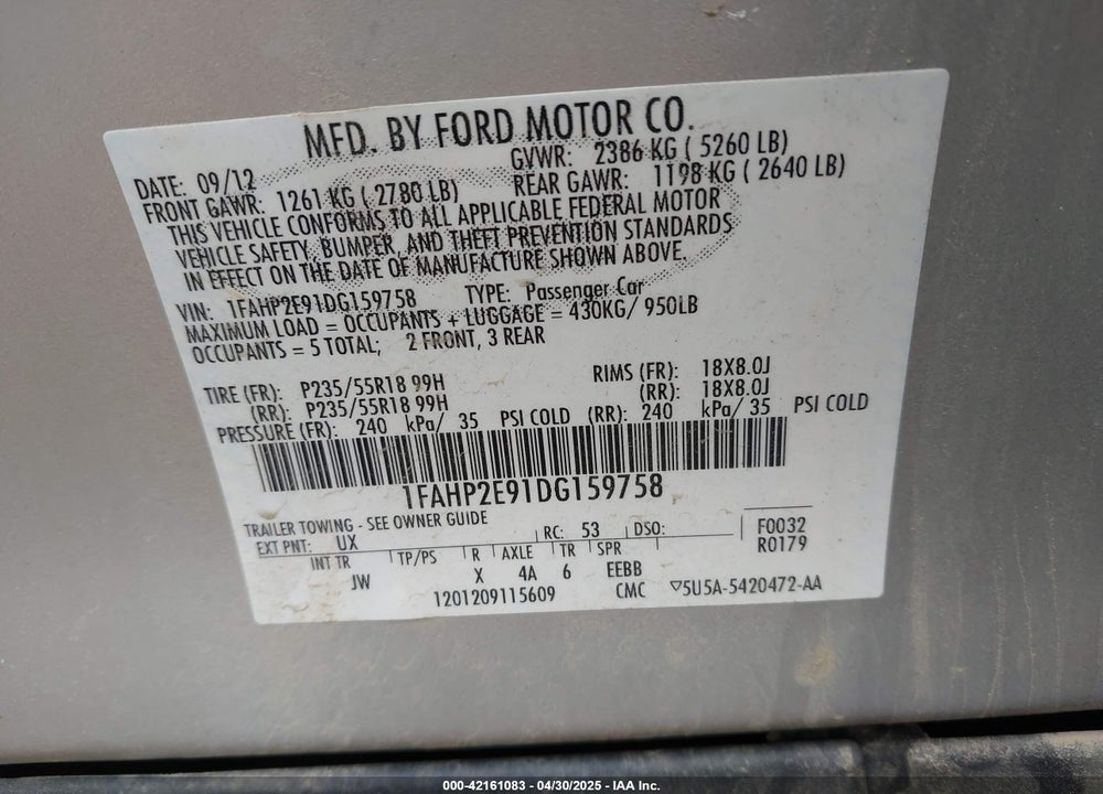 2013 FORD TAURUS VIN: 1FAHP2E91DG159758