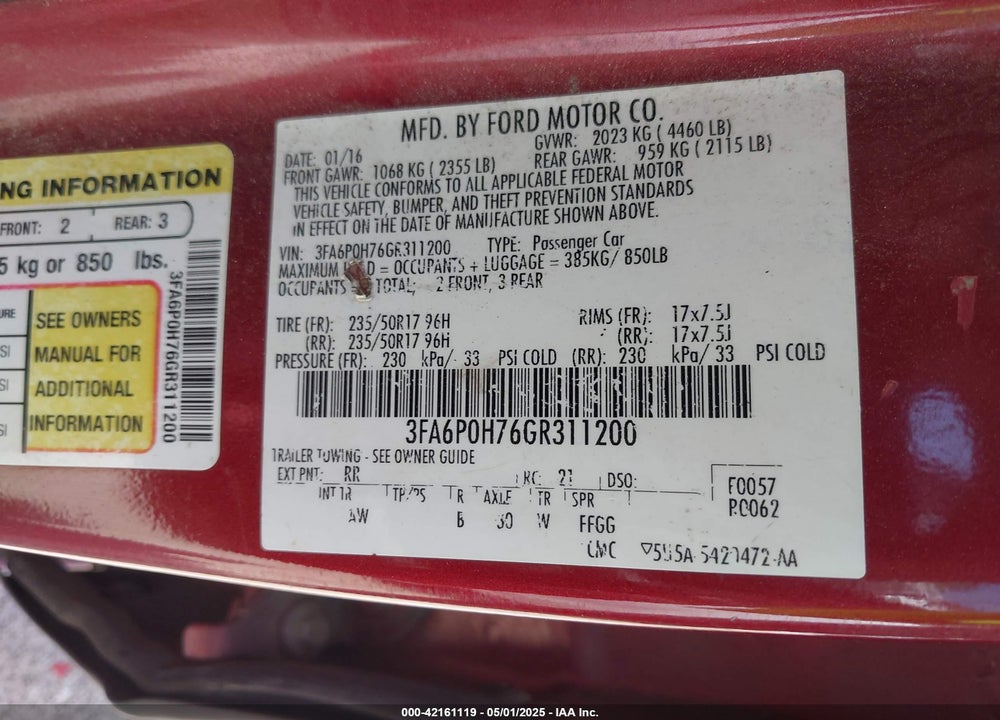2016 FORD FUSION VIN: 3FA6P0H76GR311200