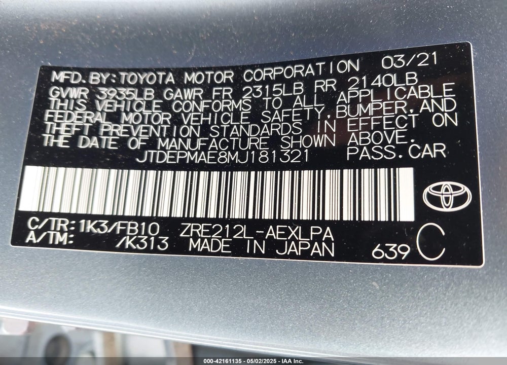 2021 TOYOTA COROLLA VIN: JTDEPMAE8MJ181321