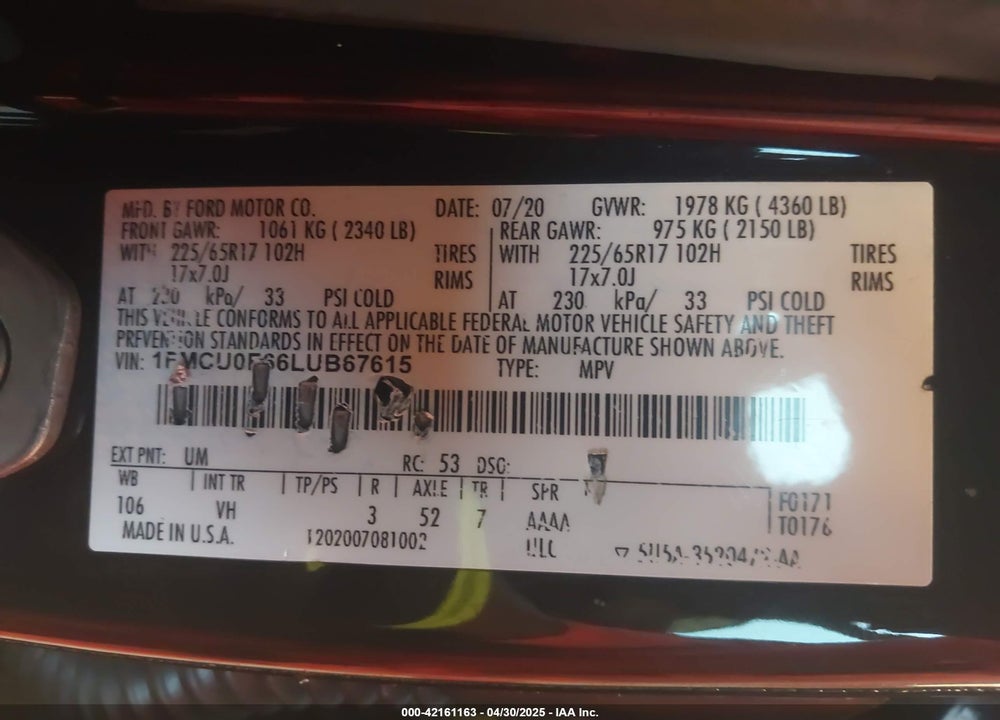 2020 FORD ESCAPE S VIN: 1FMCU0F66LUB67615