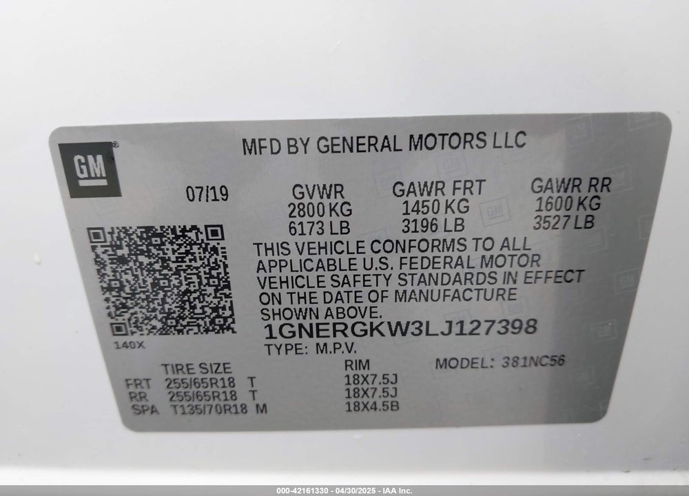 2020 CHEVROLET TRAVERSE VIN: 1GNERGKW3LJ127398