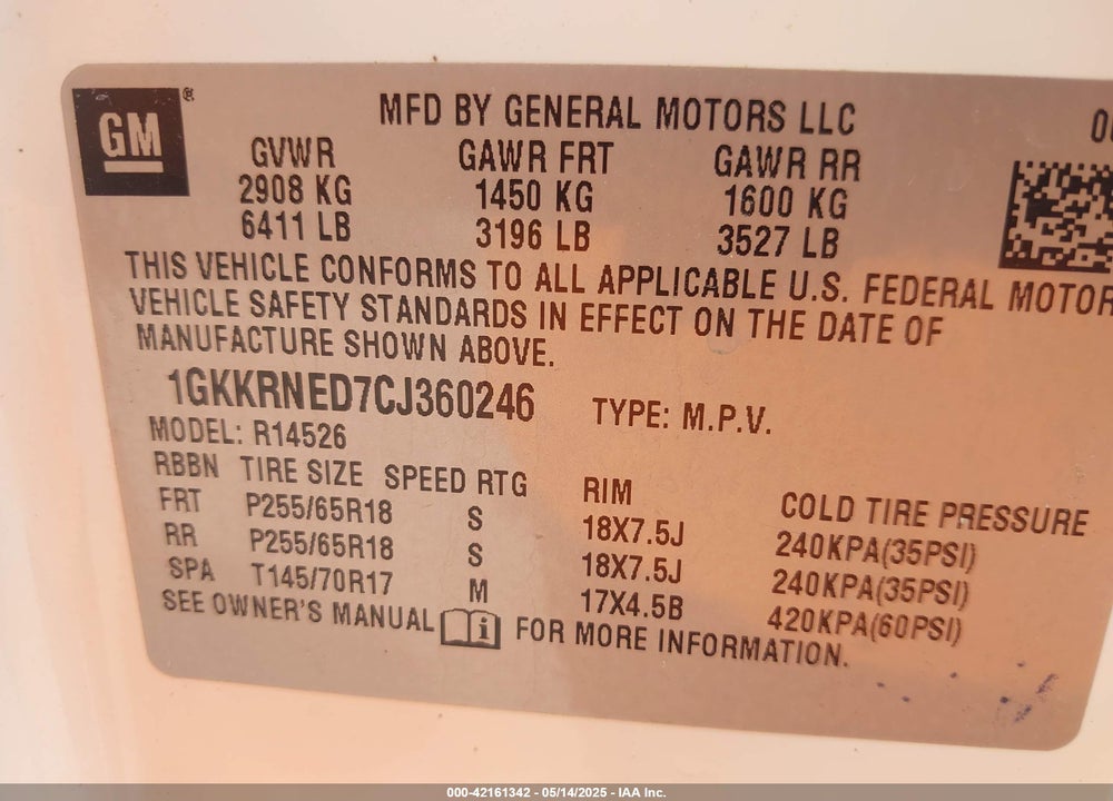 2012 GMC ACADIA VIN: 1GKKRNED7CJ360246