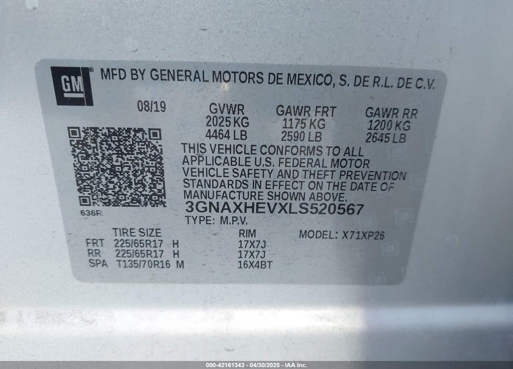 2020 CHEVROLET EQUINOX VIN: 3GNAXHEVXLS520567
