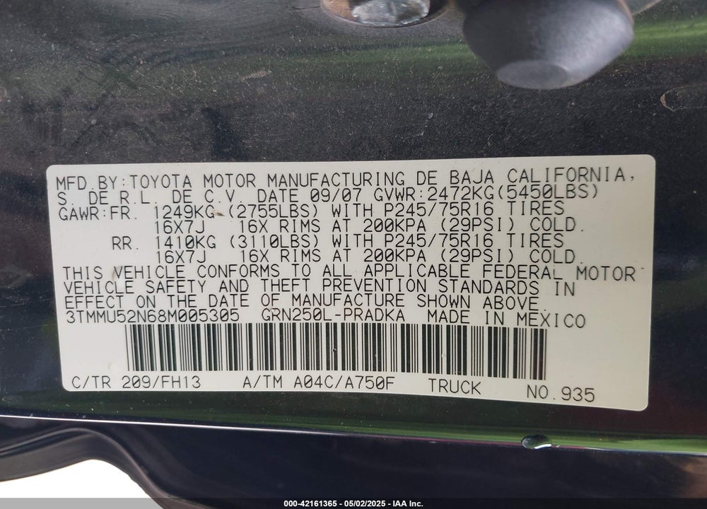 2008 TOYOTA TACOMA VIN: 3TMMU52N68M005305