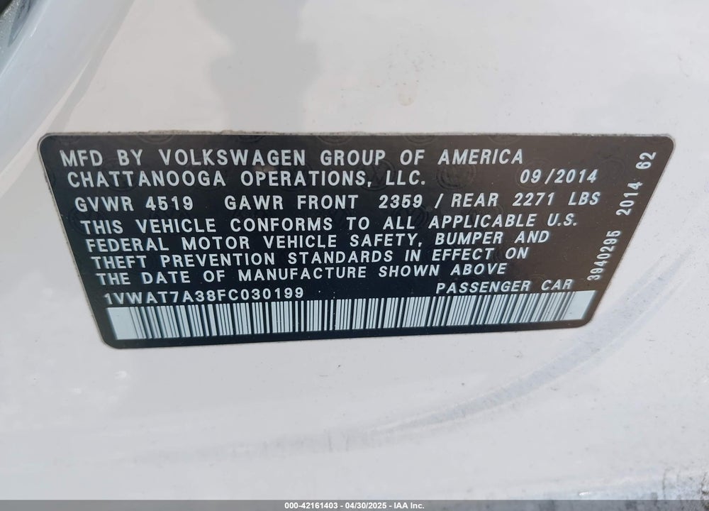 2015 VOLKSWAGEN PASSAT 1.8T WOLFSBURG EDITION VIN: 1VWAT7A38FC030199