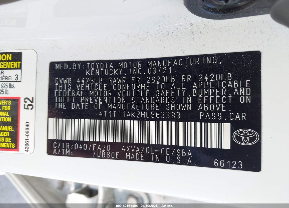 2021 TOYOTA CAMRY VIN: 4T1T11AK2MU563383