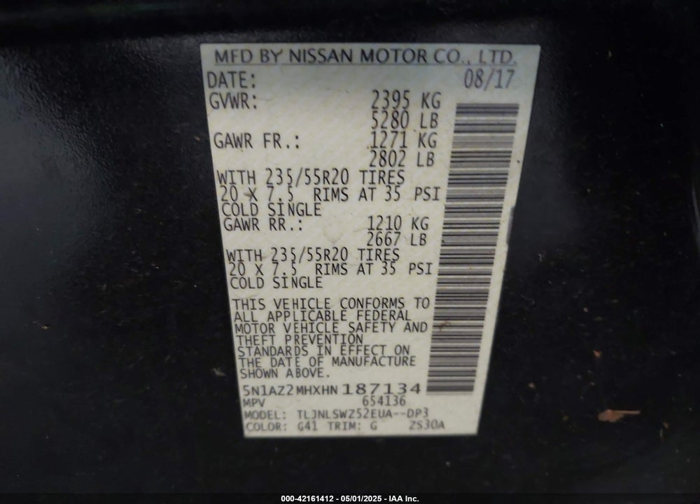2017 NISSAN MURANO PLATINUM VIN: 5N1AZ2MHXHN187134