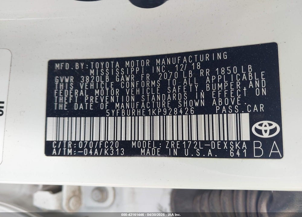 2019 TOYOTA COROLLA VIN: 5YFBURHE1KP928426