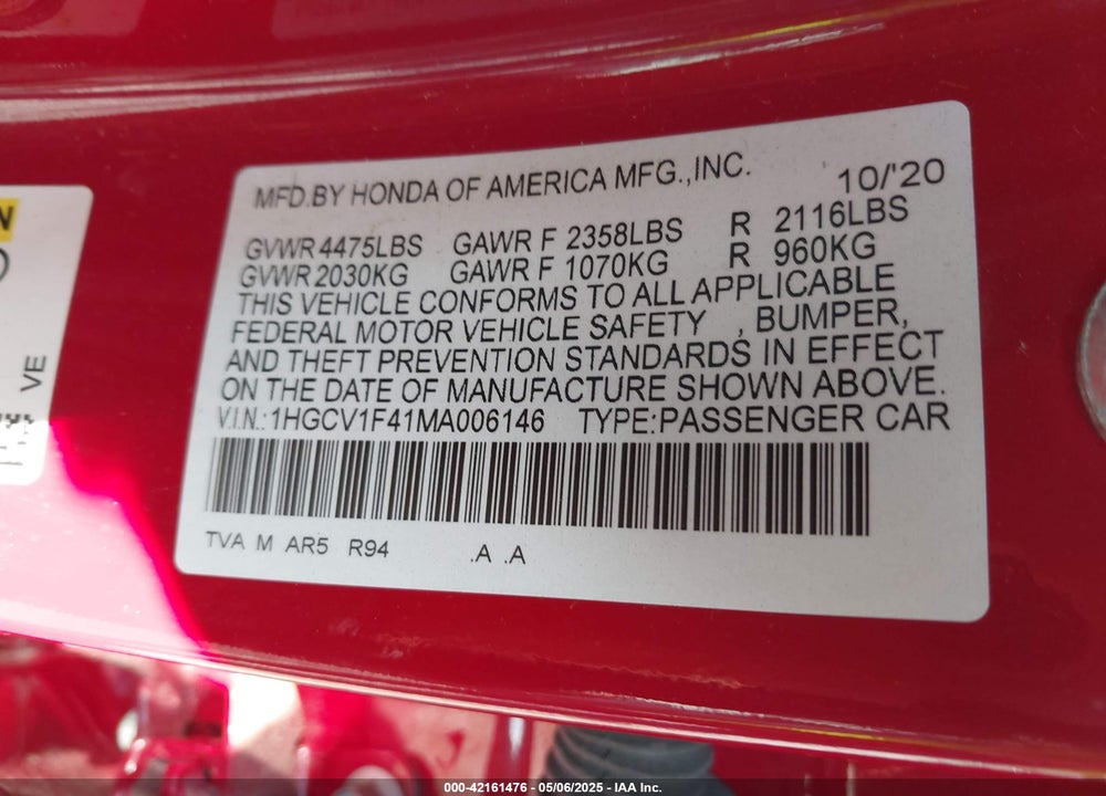 2021 HONDA ACCORD SPORT SPECIAL EDITION VIN: 1HGCV1F41MA006146