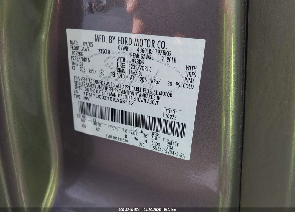 2006 FORD ESCAPE VIN: 1FMYU03Z16KA98112