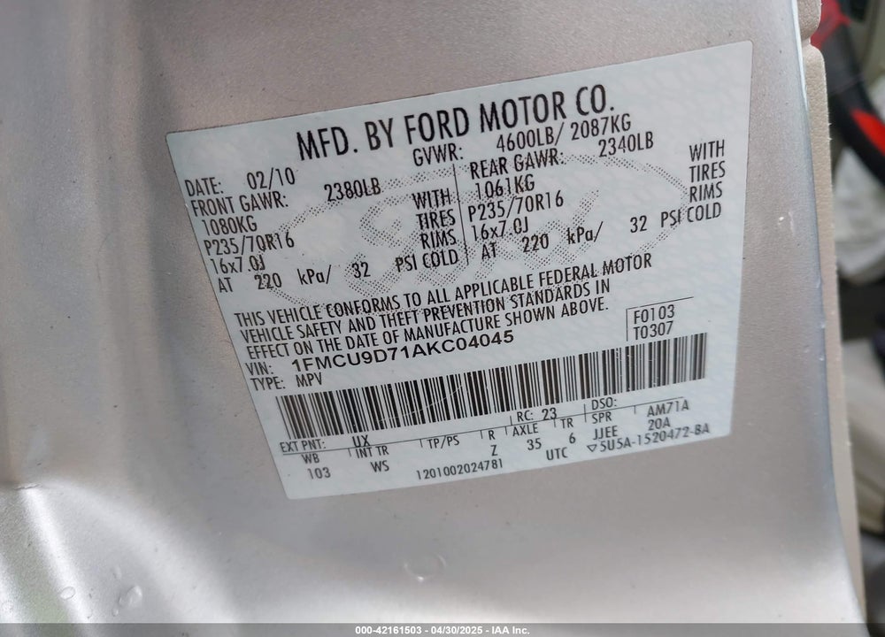 2010 FORD ESCAPE VIN: 1FMCU9D71AKC04045