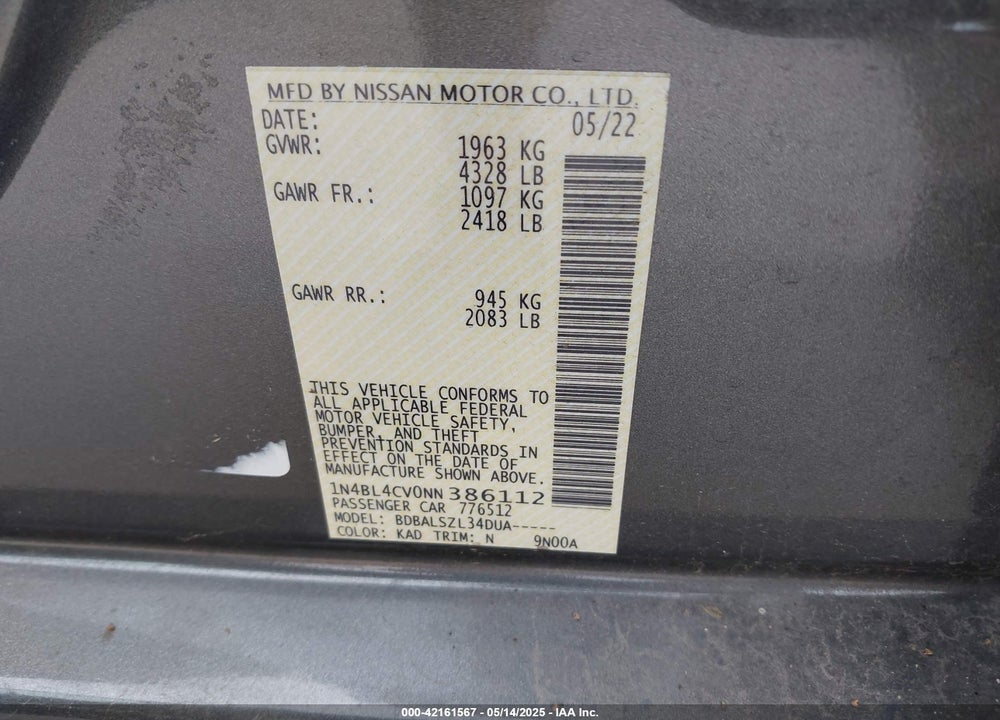 2022 NISSAN ALTIMA VIN: 1N4BL4CV0NN386112
