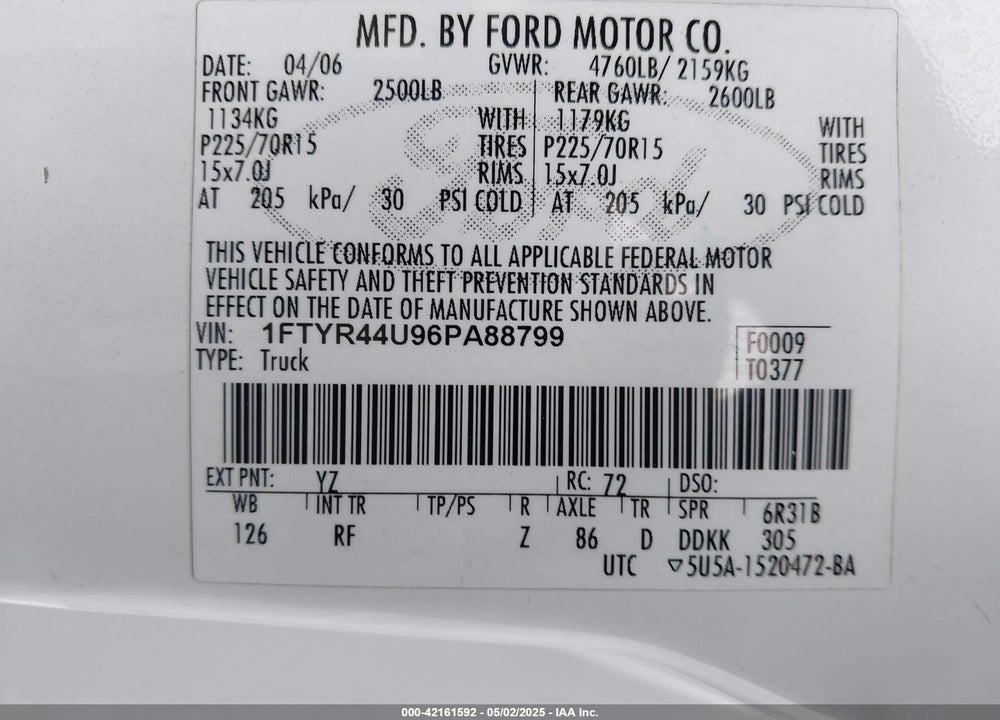 2006 FORD RANGER SPORT/STX/XLT VIN: 1FTYR44U96PA88799
