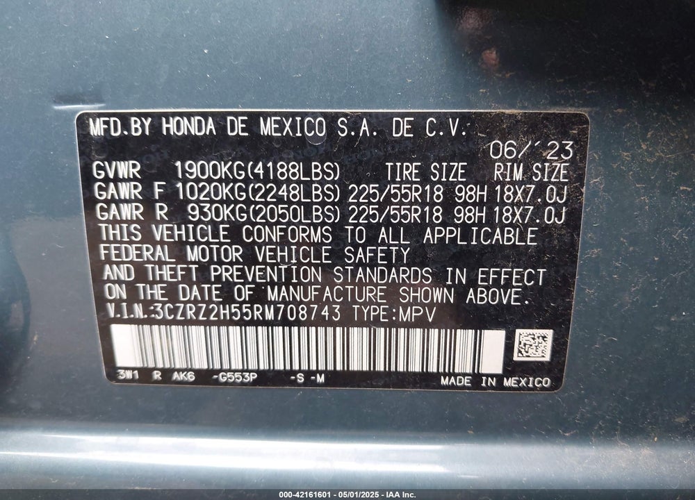 2024 HONDA HR-V AWD SPORT/AWD SPORT W/O BSI VIN: 3CZRZ2H55RM708743