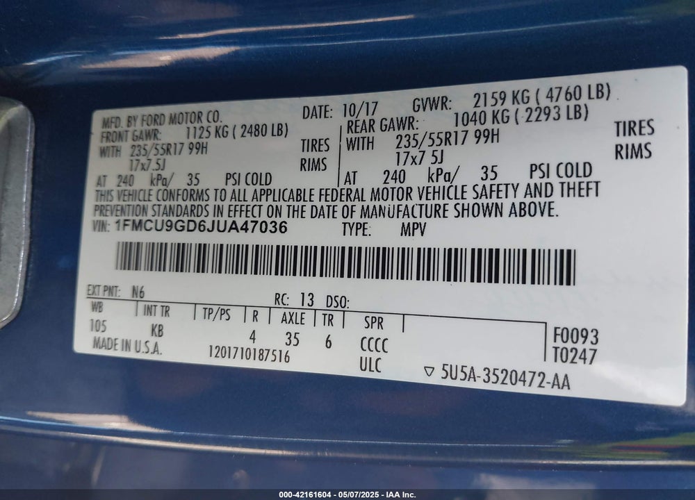 2018 FORD ESCAPE VIN: 1FMCU9GD6JUA47036
