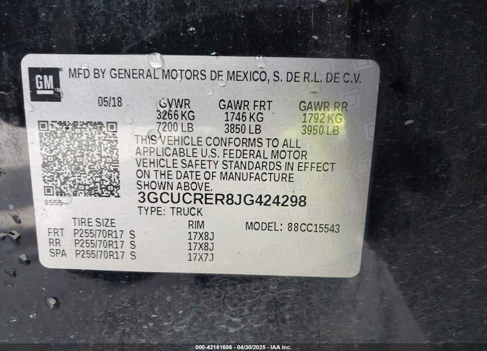 2018 CHEVROLET SILVERADO VIN: 3GCUCRER8JG424298