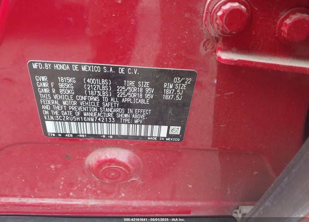 2022 HONDA HR-V VIN: 3CZRU5H16NM742133