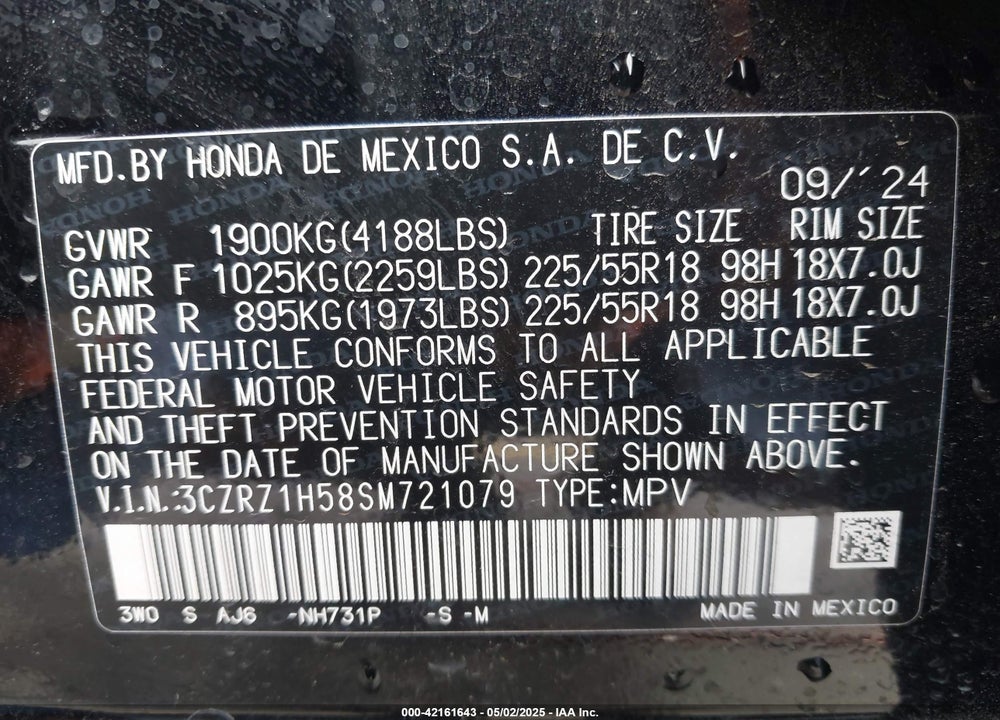 2025 HONDA HR-V 2WD SPORT VIN: 3CZRZ1H58SM721079