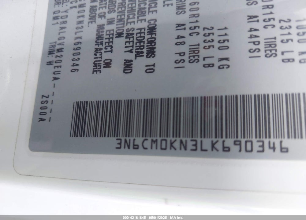 2020 NISSAN NV200  CARGO SV XTRONIC CVT VIN: 3N6CM0KN3LK690346