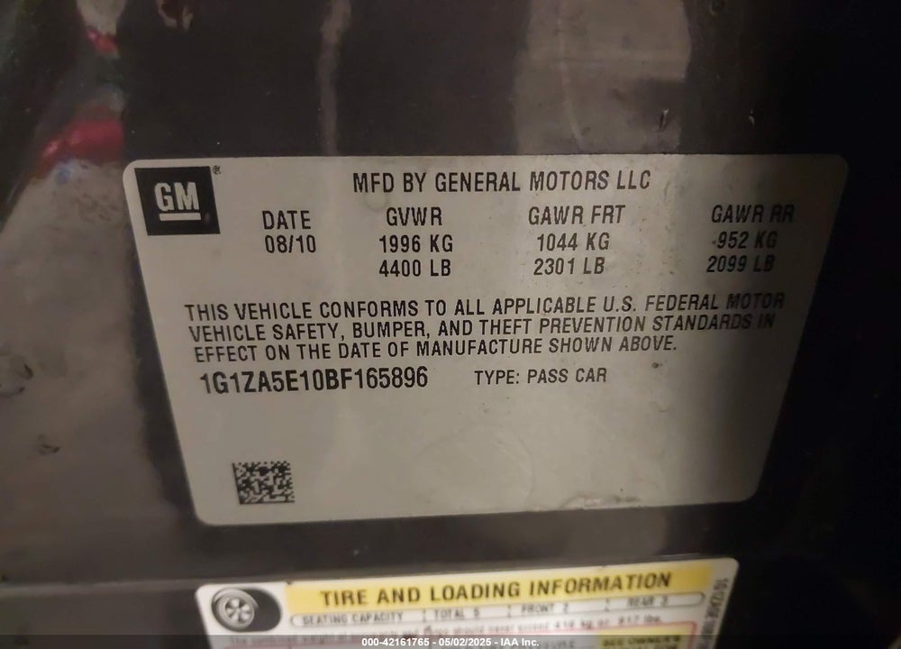 2011 CHEVROLET MALIBU VIN: 1G1ZA5E10BF165896