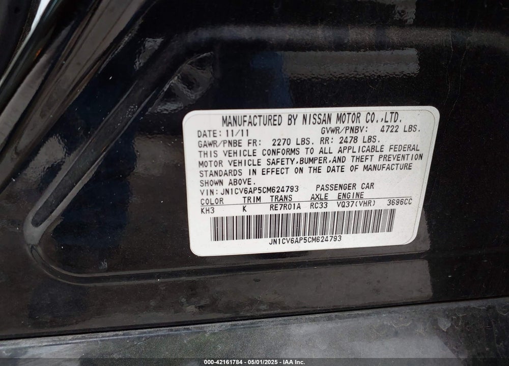 2012 INFINITI G37 VIN: JN1CV6AP5CM624793