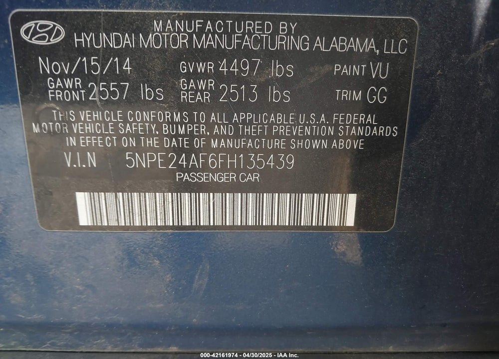 2015 HYUNDAI SONATA VIN: 5NPE24AF6FH135439