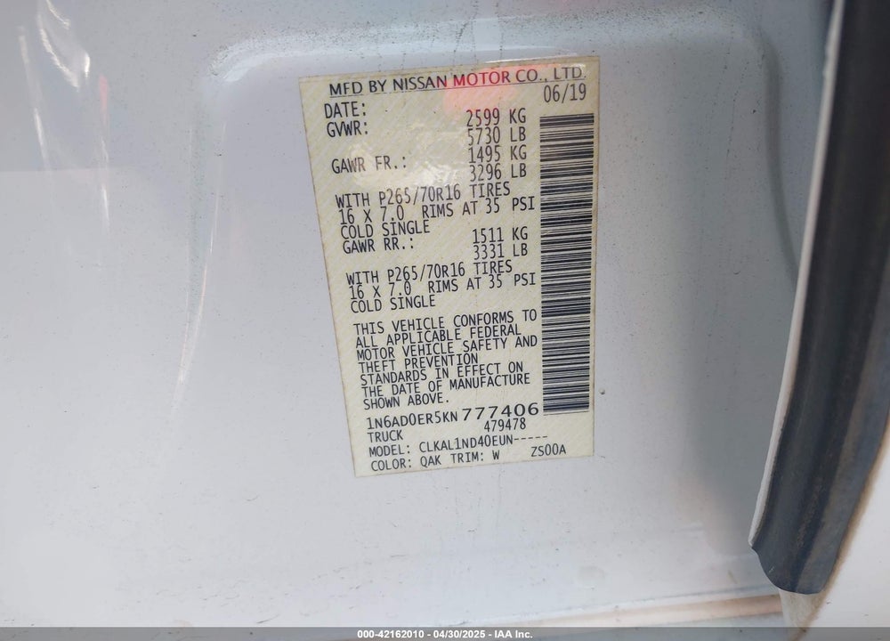 2019 NISSAN FRONTIER VIN: 1N6AD0ER5KN777406