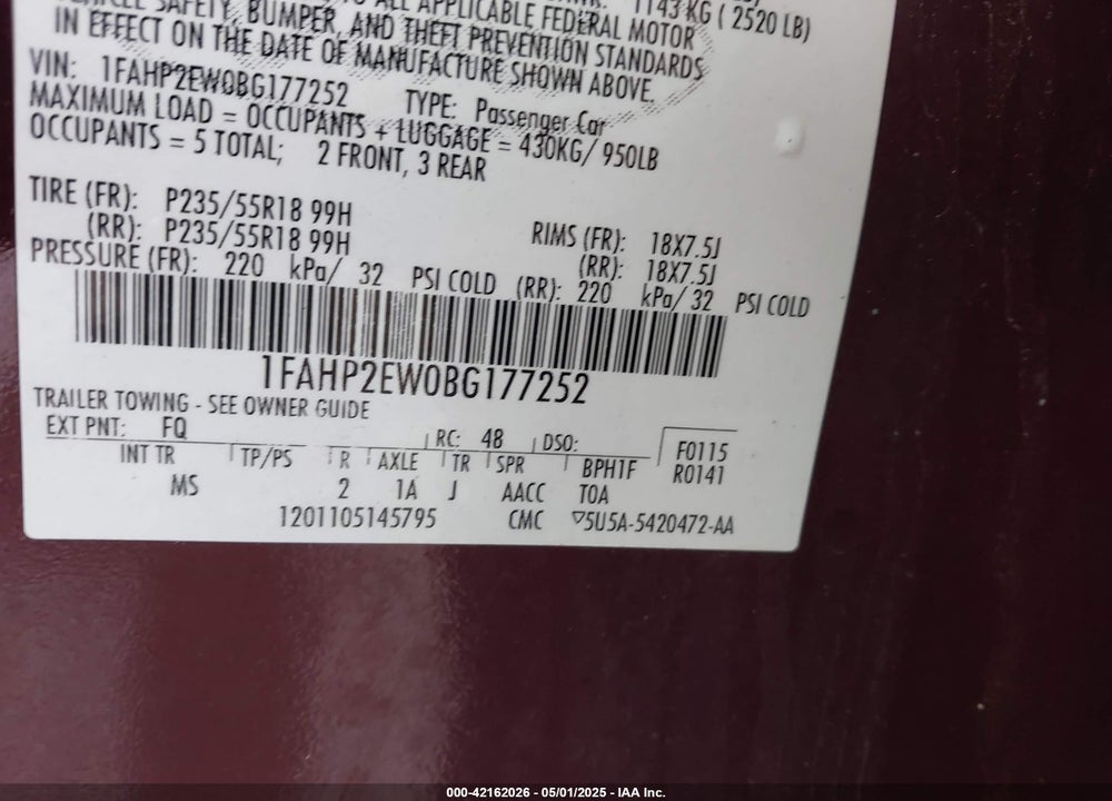 2011 FORD TAURUS SEL VIN: 1FAHP2EW0BG177252