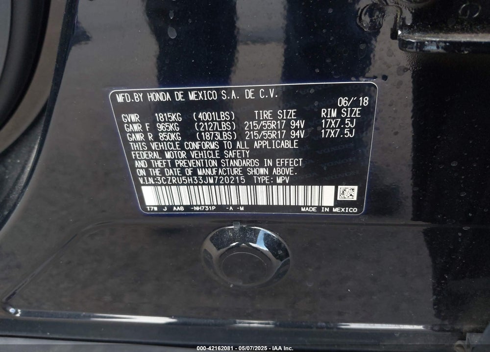 2018 HONDA HR-V VIN: 3CZRU5H33JM720215