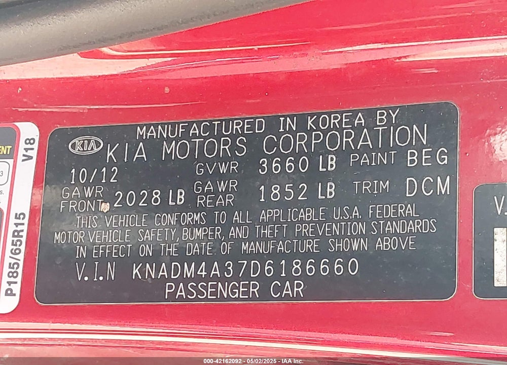 2013 KIA RIO LX VIN: KNADM4A37D6186660