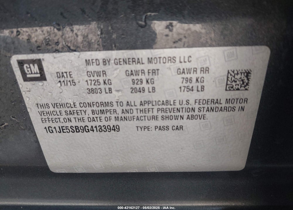 2016 CHEVROLET SONIC VIN: 1G1JE5SB9G4133949