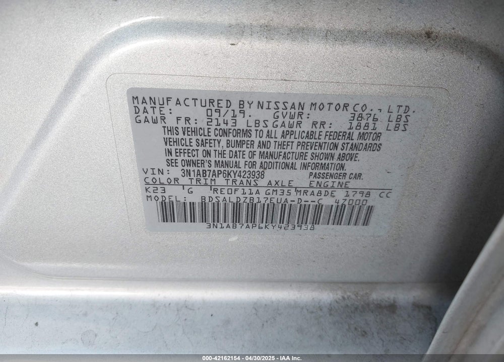 2019 NISSAN SENTRA VIN: 3N1AB7AP6KY423938