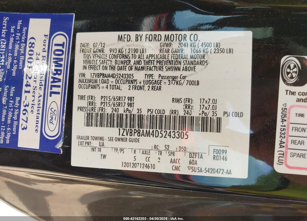 2013 FORD MUSTANG VIN: 1ZVBP8AM4D5243305