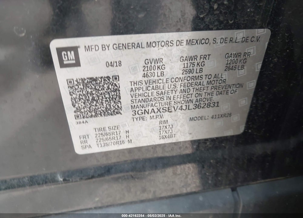 2018 CHEVROLET EQUINOX VIN: 3GNAXSEV4JL362831