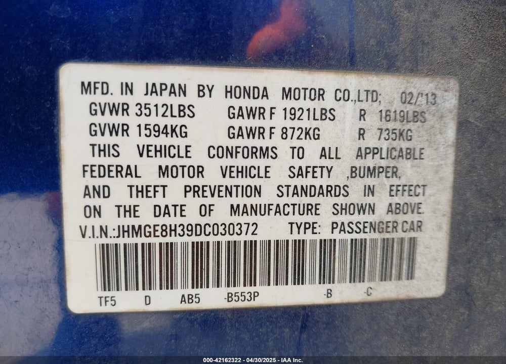 2013 HONDA FIT VIN: JHMGE8H39DC030372