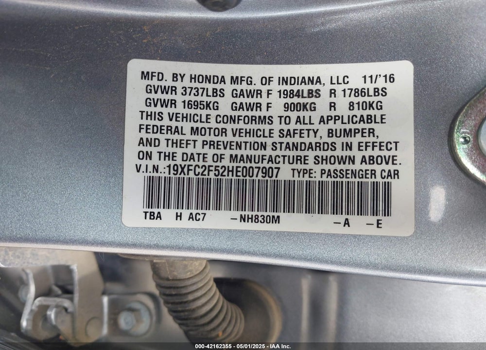 2017 HONDA CIVIC VIN: 19XFC2F52HE007907