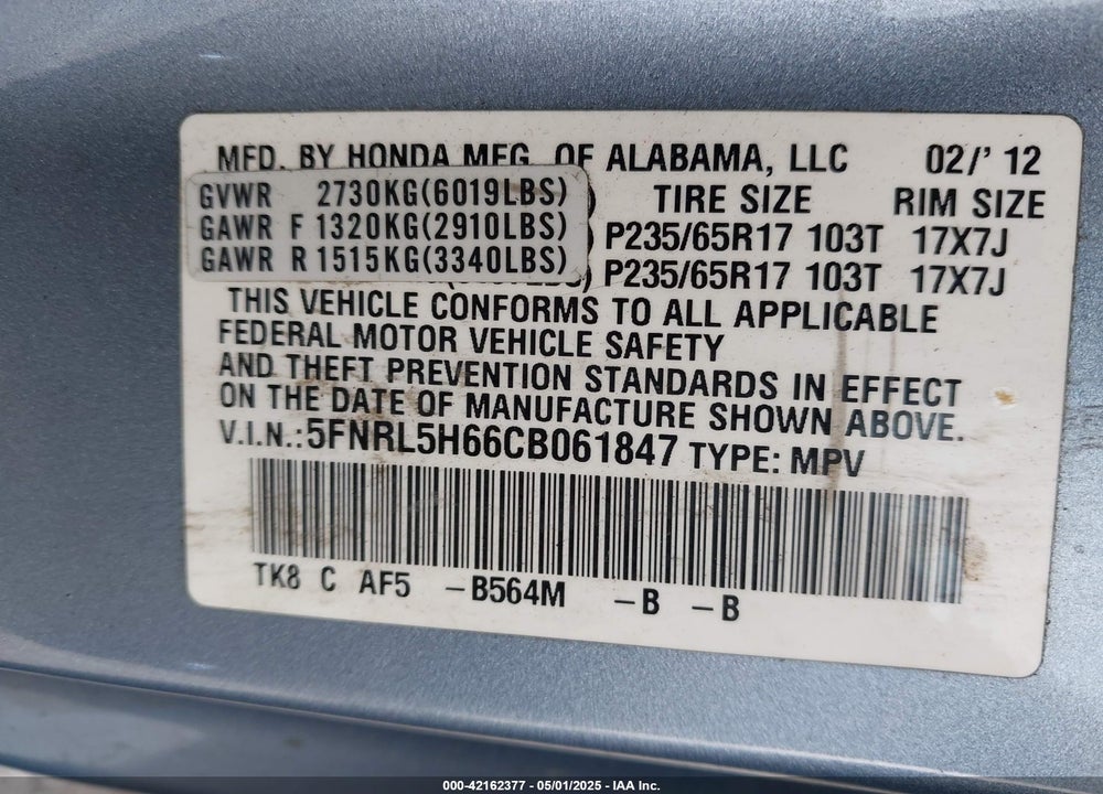 2012 HONDA ODYSSEY EX-L VIN: 5FNRL5H66CB061847