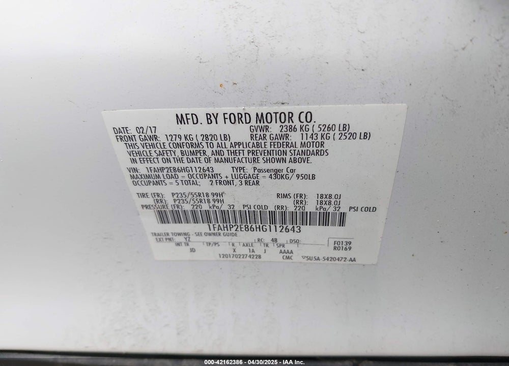 2017 FORD TAURUS SEL VIN: 1FAHP2E86HG112643