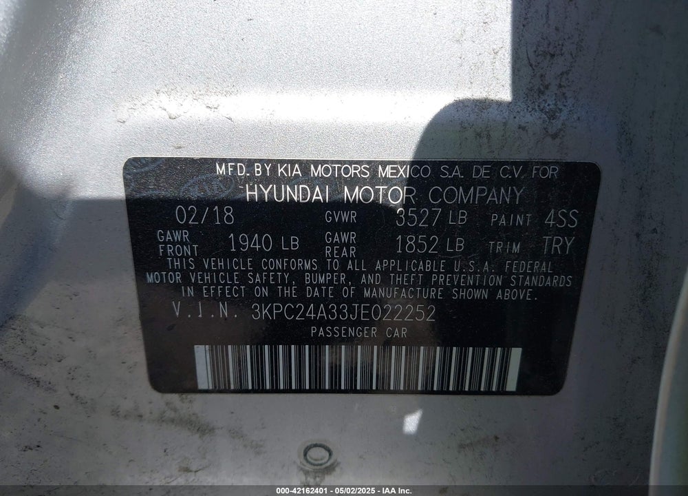 2018 HYUNDAI ACCENT VIN: 3KPC24A33JE022252