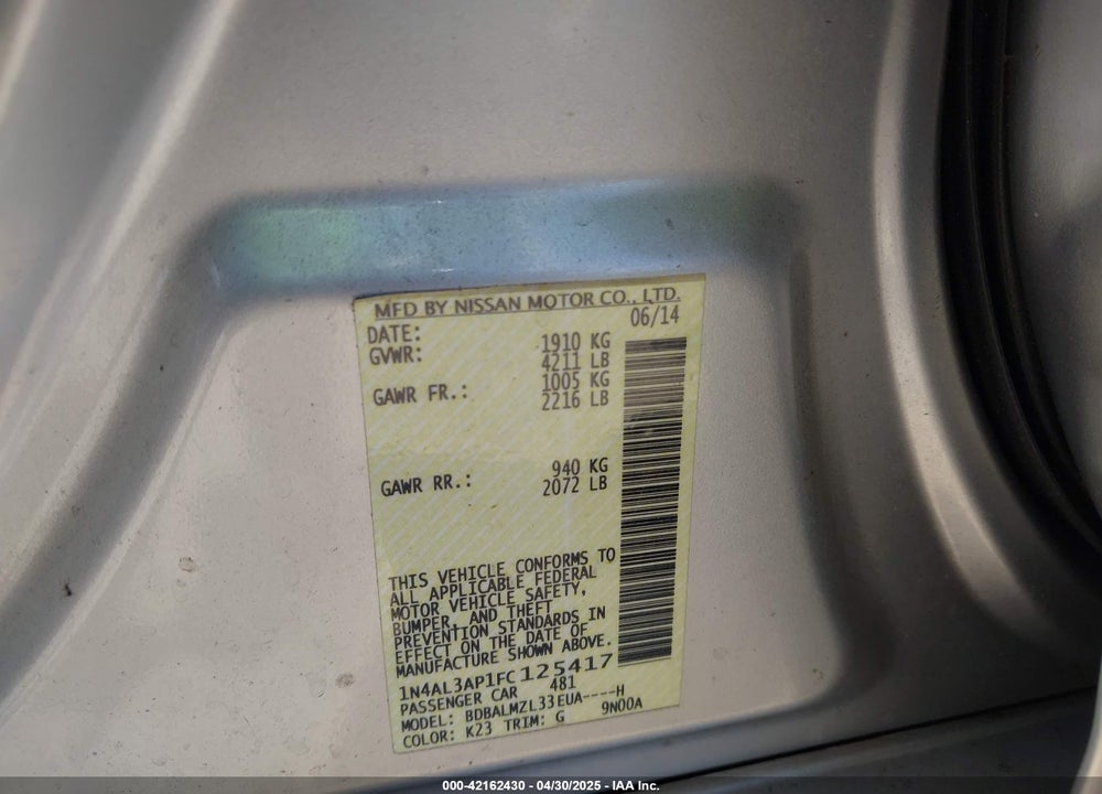 2015 NISSAN ALTIMA VIN: 1N4AL3AP1FC125417