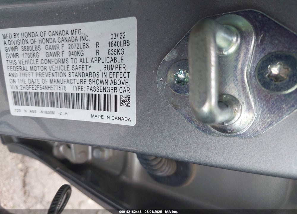 2022 HONDA CIVIC VIN: 2HGFE2F54NH577578