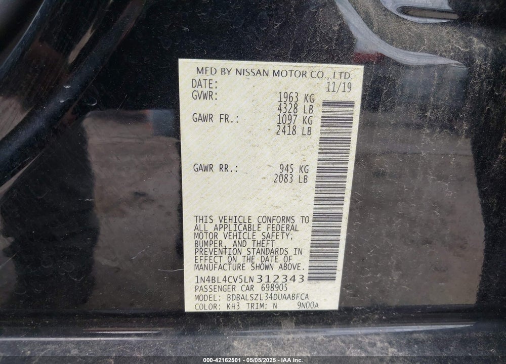 2020 NISSAN ALTIMA SR FWD VIN: 1N4BL4CV5LN312343