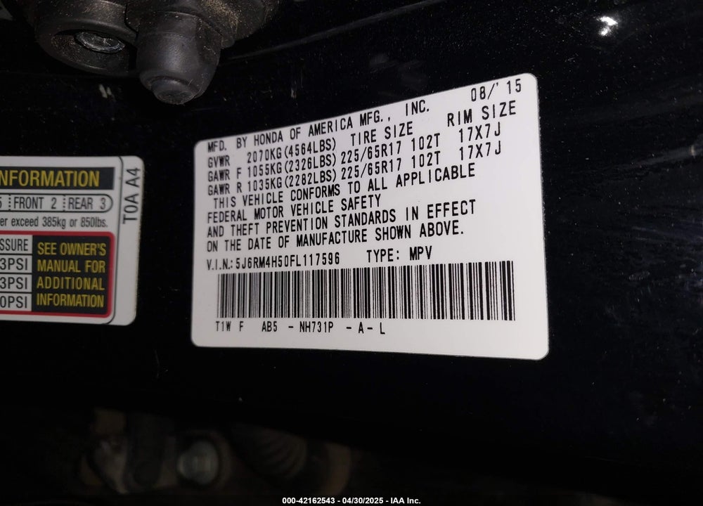 2015 HONDA CR-V VIN: 5J6RM4H50FL117596