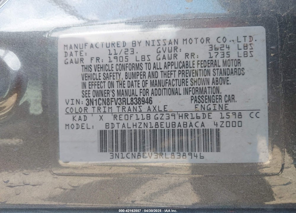 2024 NISSAN VERSA 1.6 SR VIN: 3N1CN8FV3RL838946