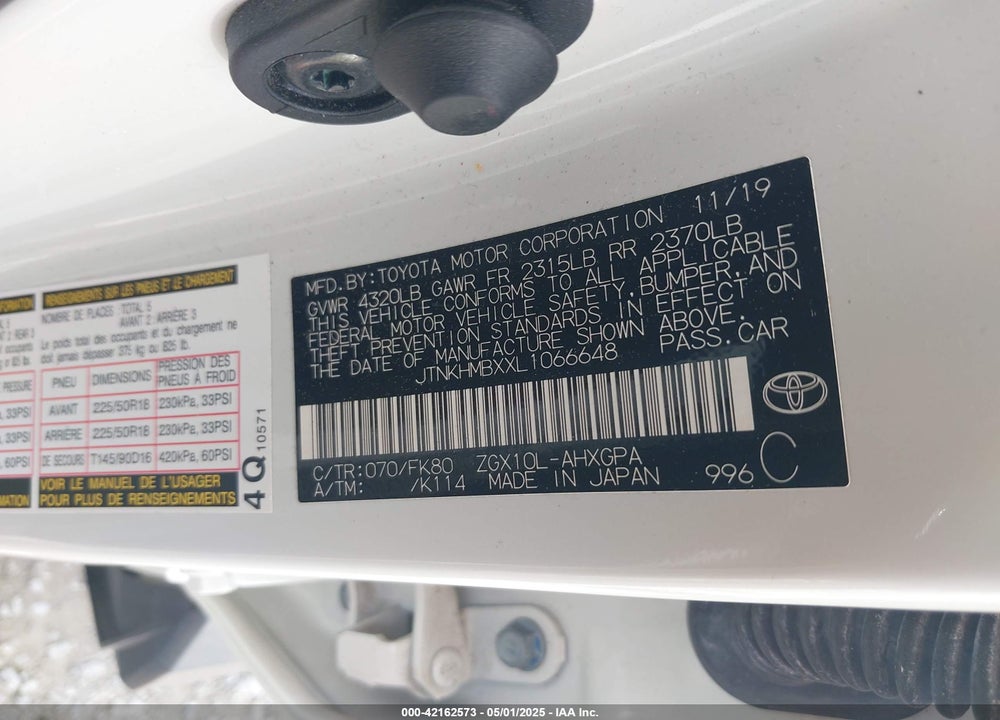 2020 TOYOTA C-HR VIN: JTNKHMBXXL1066648