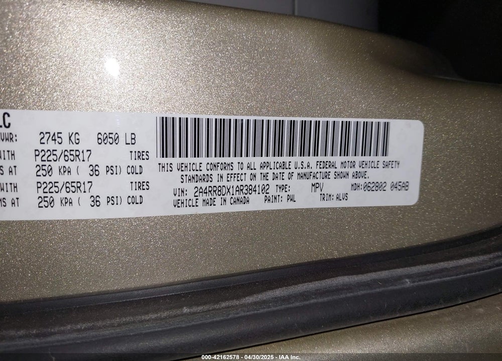 2010 CHRYSLER TOWN & COUNTRY TOURING PLUS VIN: 2A4RR8DX1AR384102